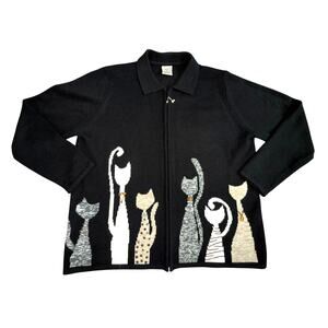 Vintage Allison Daley Cats Black Zip Cardigan Sweater Womens XL